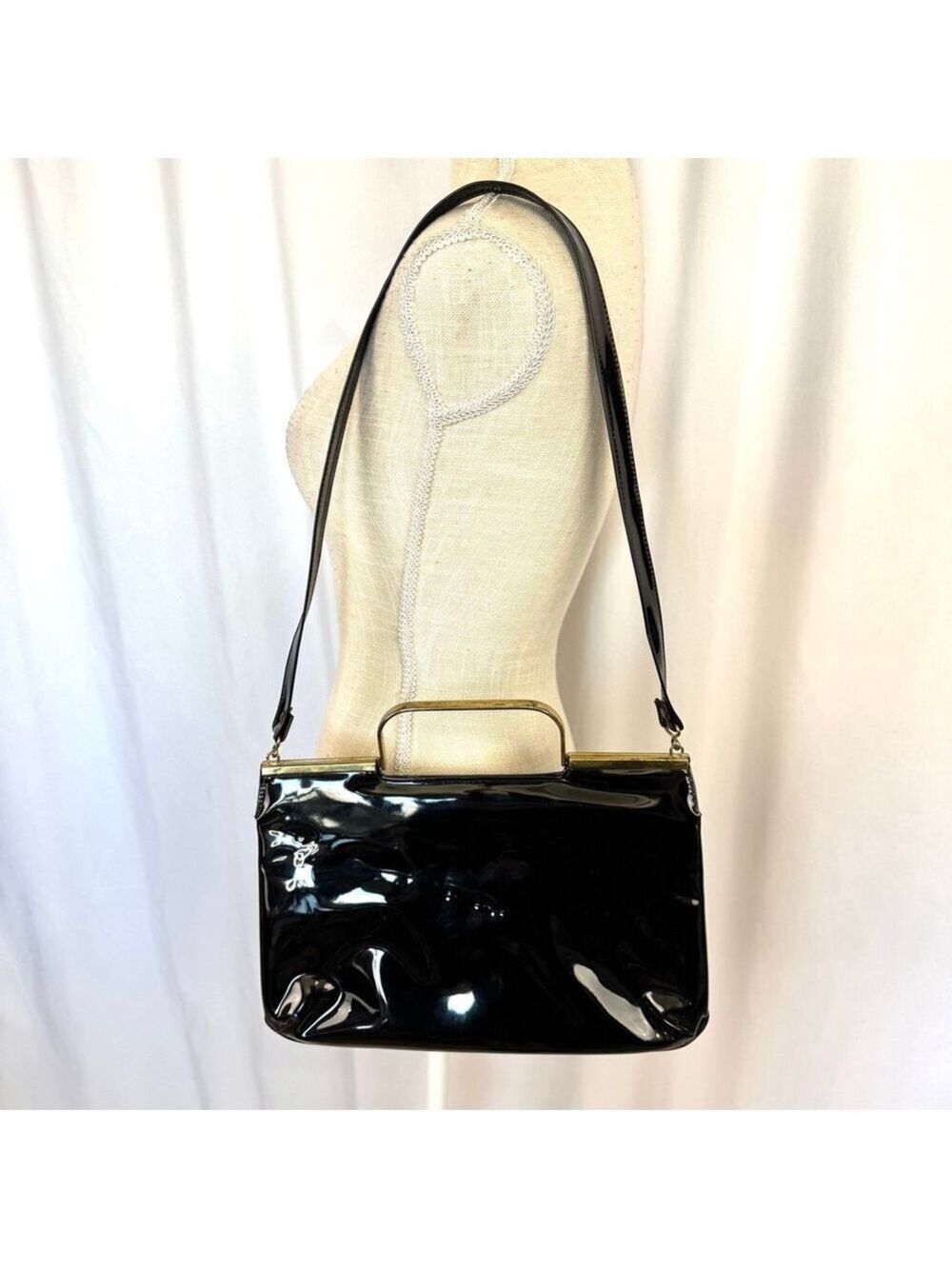 Vintage 50s Black Patent Purse Handbag Crossbody Mod Mid-Modern Century Rare